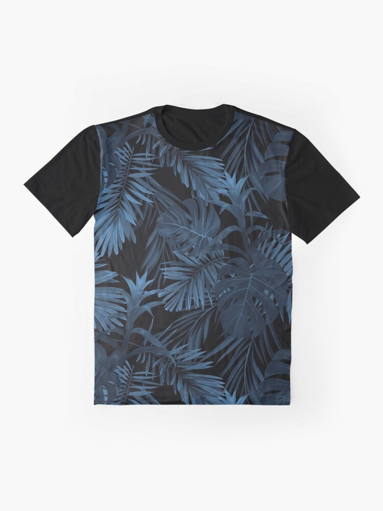 Tropical indigo dark graphic t-shirt with floral and leaf patterns - Flat lay