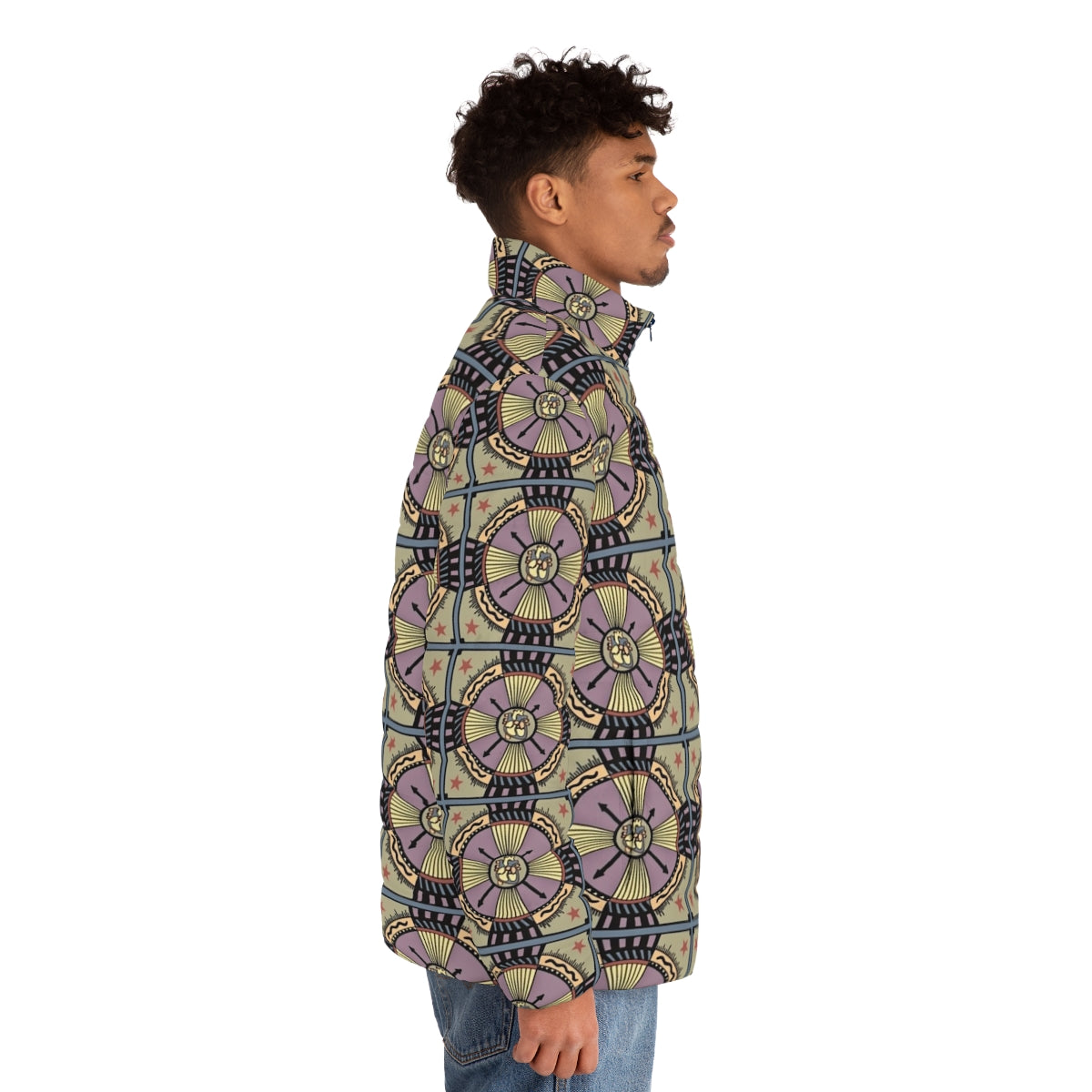 Person wearing Heartifact Follow Your Heart Puffer Jacket with mandala pattern - men side right