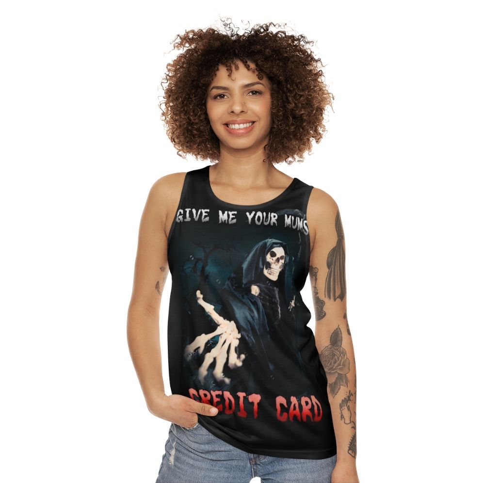 Humorous unisex tank top with credit card joke - women