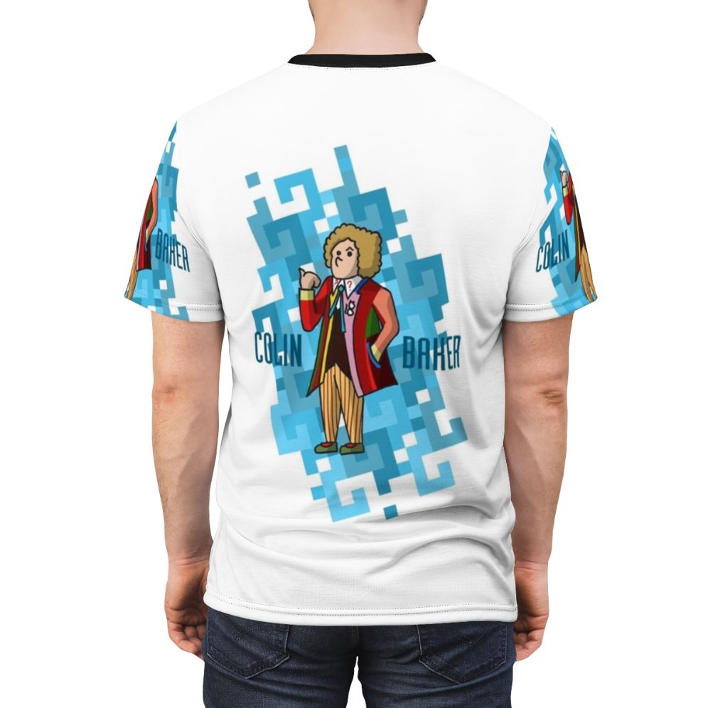 Retro illustration of the Sixth Doctor from Doctor Who on a t-shirt - men back