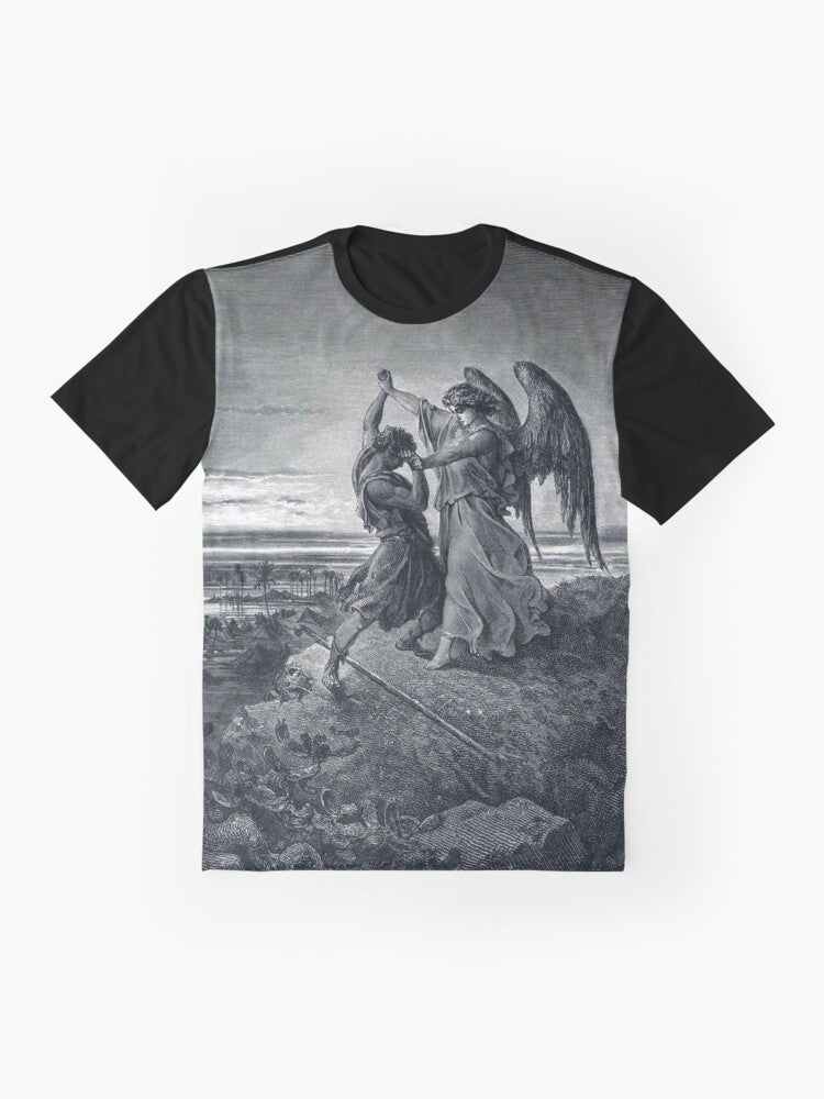 Vintage biblical artwork of Jacob wrestling with the angel, designed by Gustave Dore, printed on a graphic t-shirt. - Flat lay