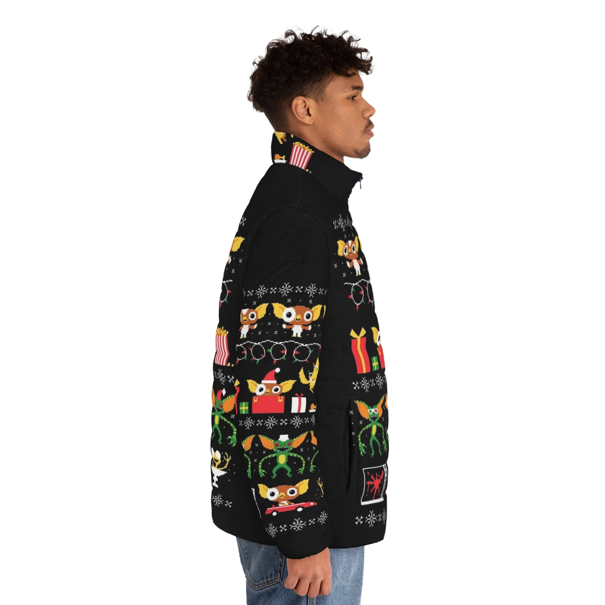 Gremlin-inspired puffer jacket with retro 80s movie graphics - men side right