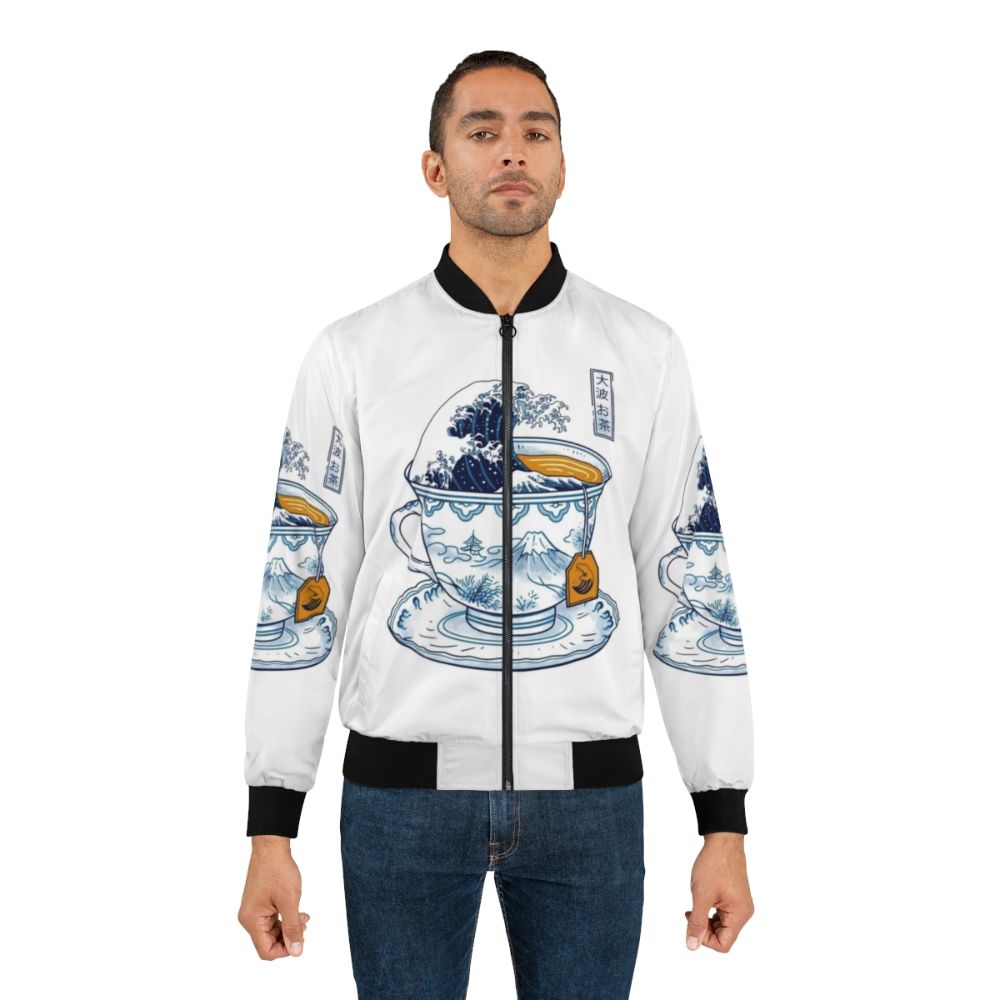 A bomber jacket featuring the iconic "The Great Wave off Kanagawa" design and a tea theme. - Lifestyle