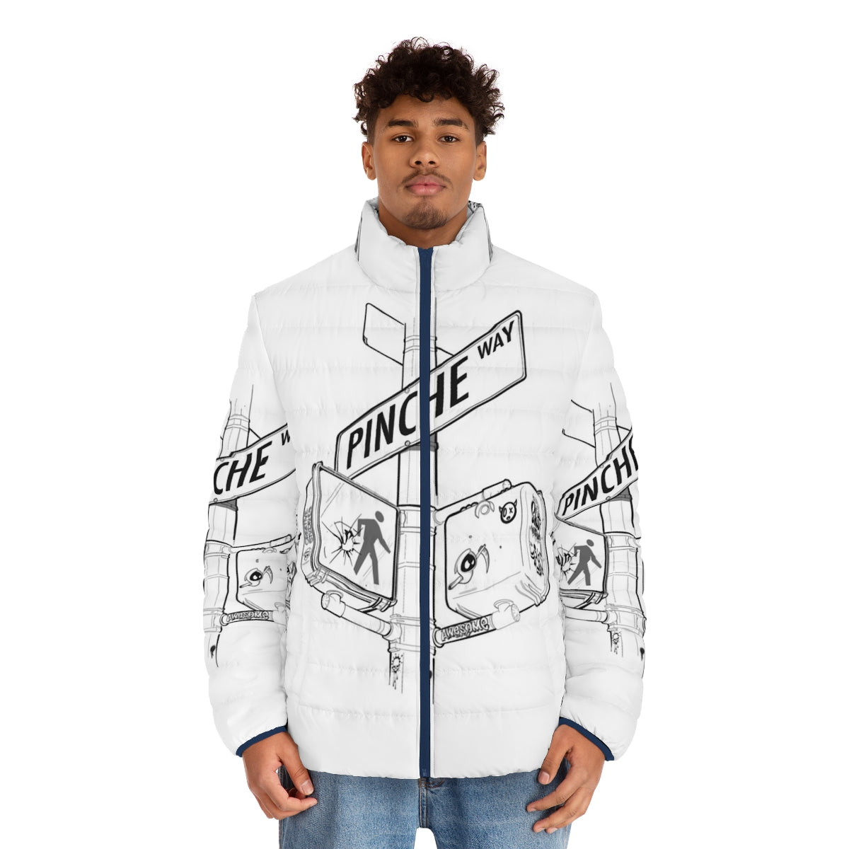 Pinche Way NY Street Sign Puffer Jacket featuring a vibrant street style design - men front