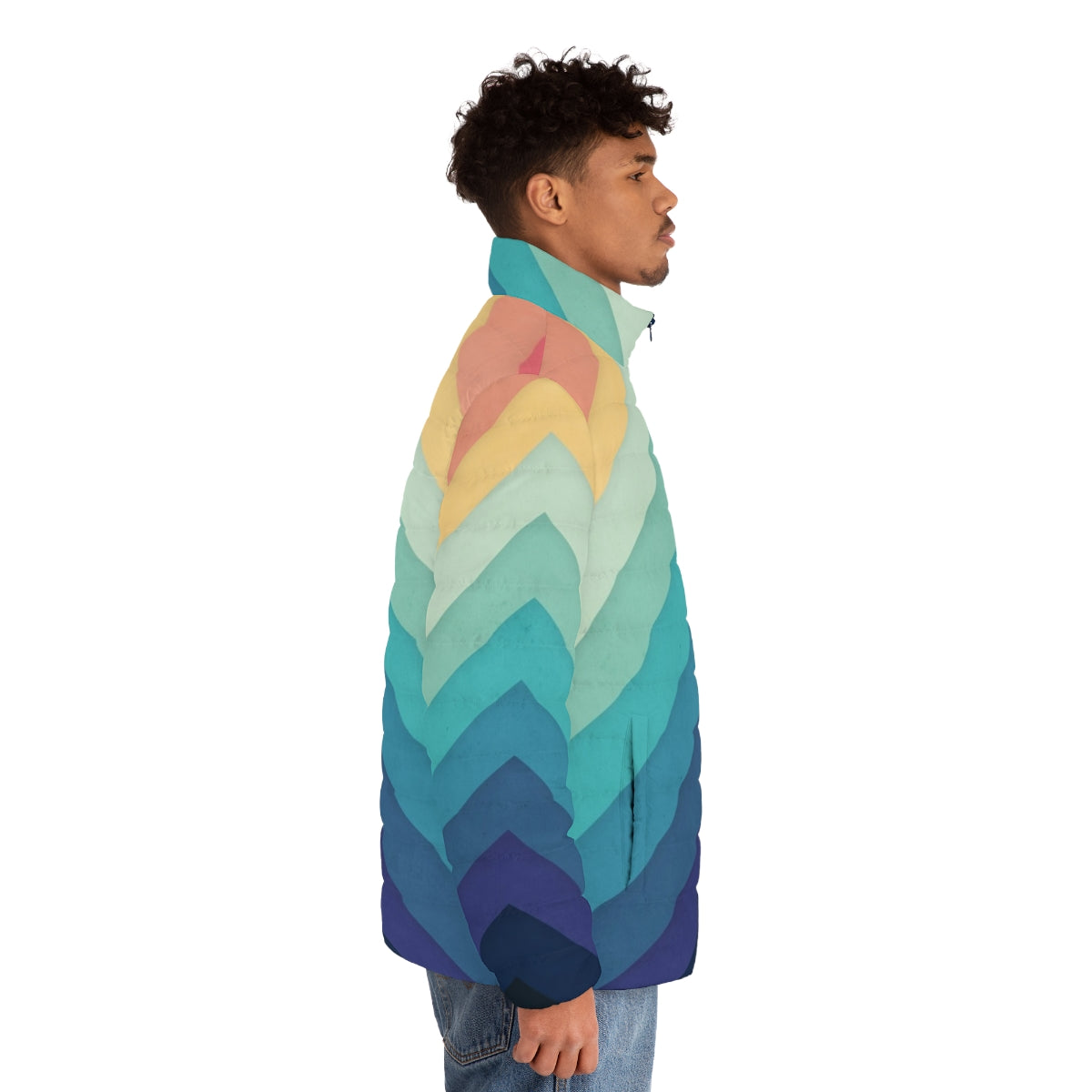 Retro puffer jacket with bold chevron pattern in vibrant rainbow colors - men side right