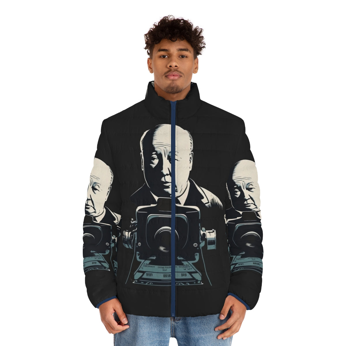 Alfred Hitchcock themed puffer jacket with horror movie and thriller design - men front