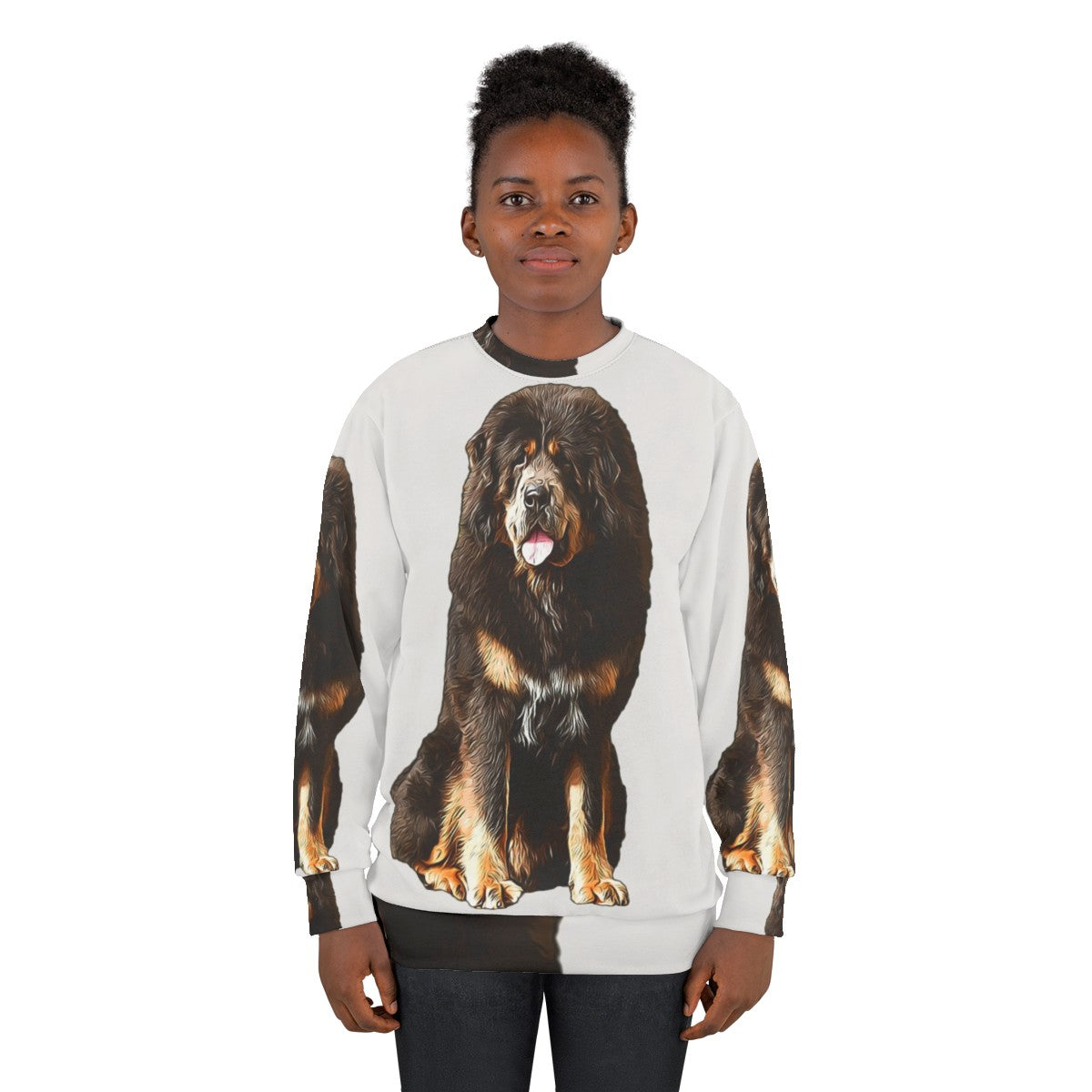 Tibetan Mastiff wearing a cozy animal print sweatshirt - women