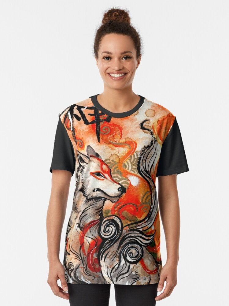 Okami Amaterasu graphic t-shirt featuring a watercolor-style illustration of the wolf goddess Amaterasu from the video game Okami - Women