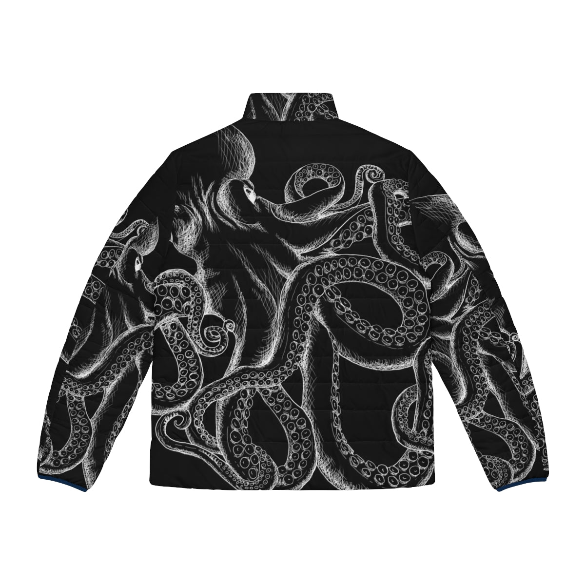 Octopus White Line Art Puffer Jacket - Minimalist Deep Sea Creature Design - Back