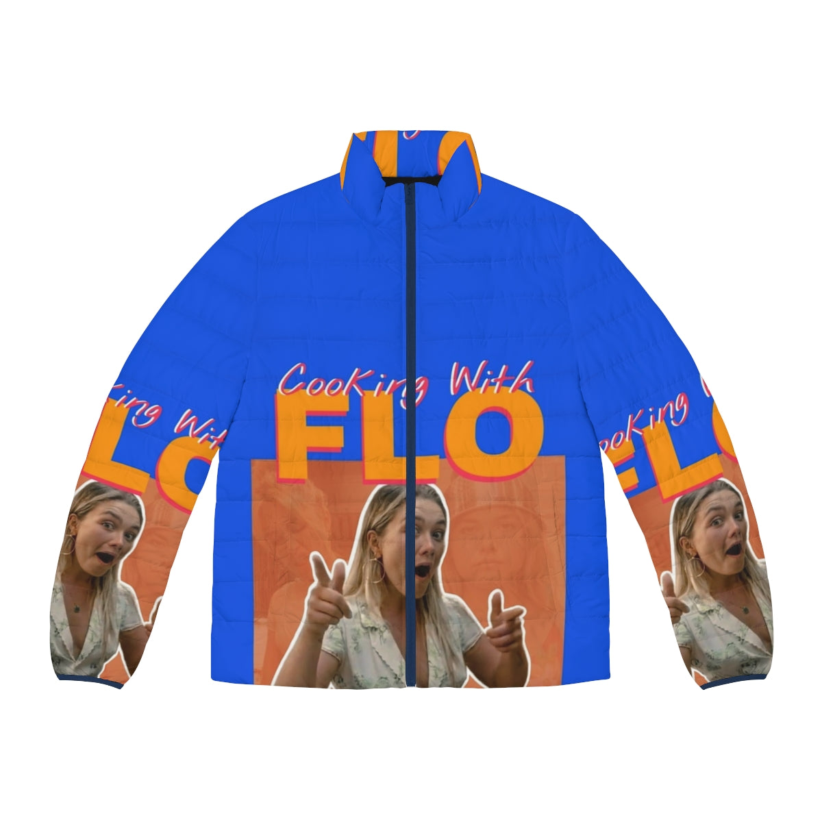 Cooking With Flo puffer jacket featuring a classic t-shirt design