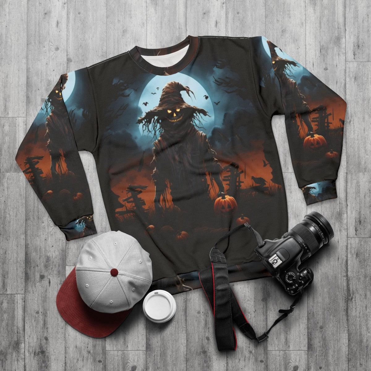 Haunting scarecrow under a full moon on a spooky Halloween night - flat lay