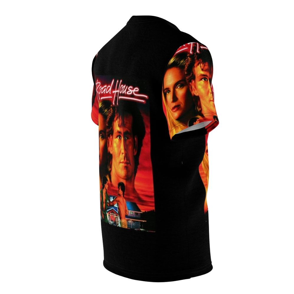 Retro-style t-shirt featuring the iconic "Roadhouse" movie logo and Patrick Swayze - men right