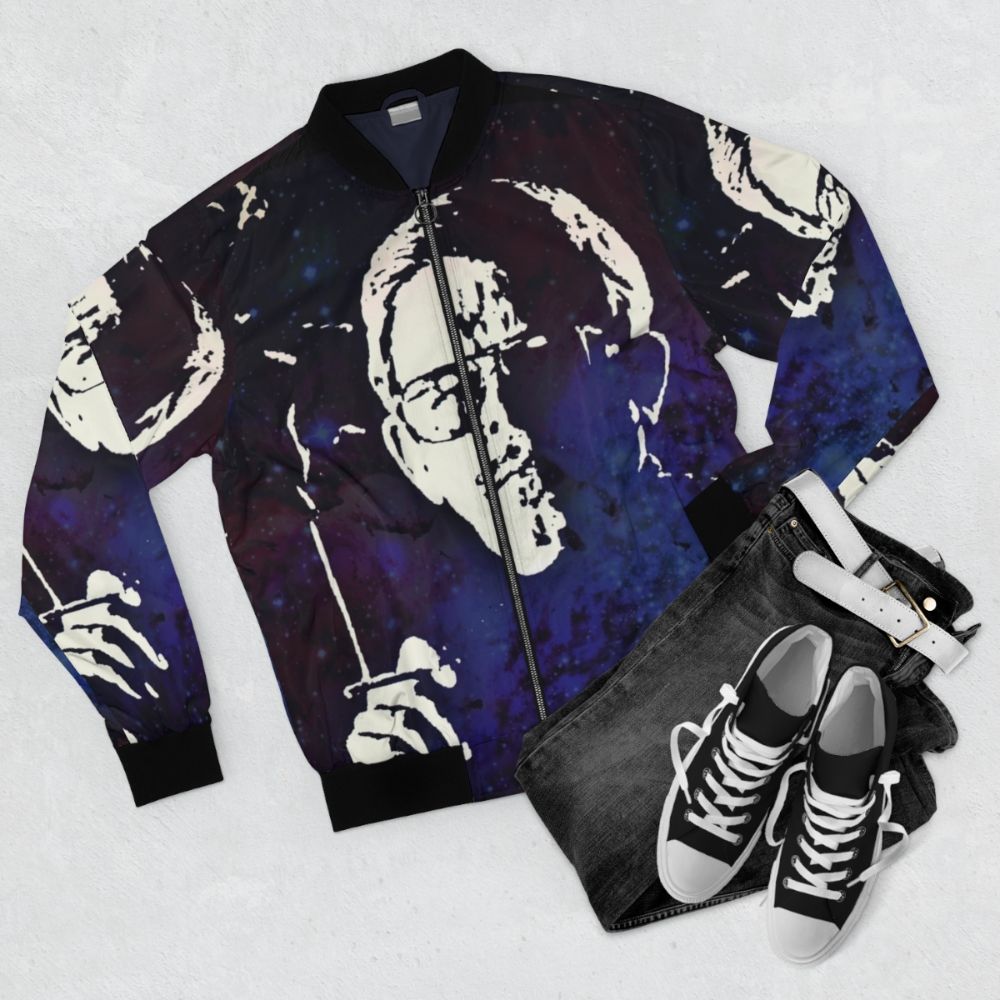 Art Bell inspired bomber jacket with radio and ufo graphics - Flat lay