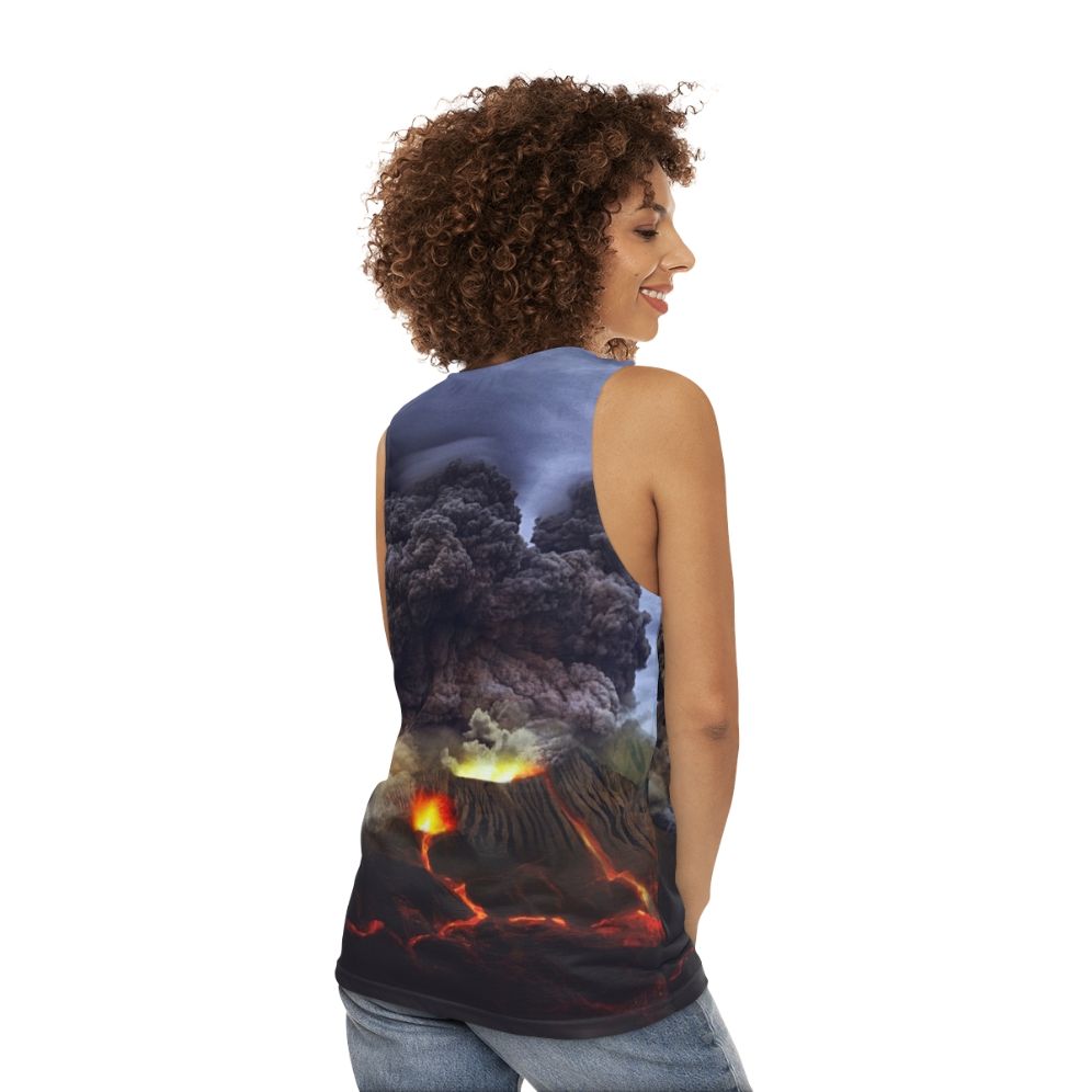 Volcano erupting with lava flow and fiery mountain landscape - women back