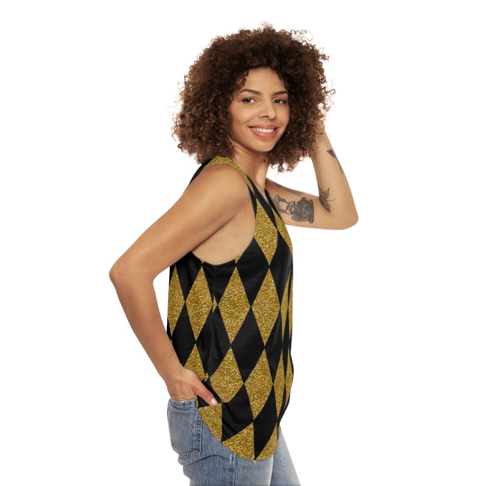 Black and gold harlequin pattern unisex tank top - women side