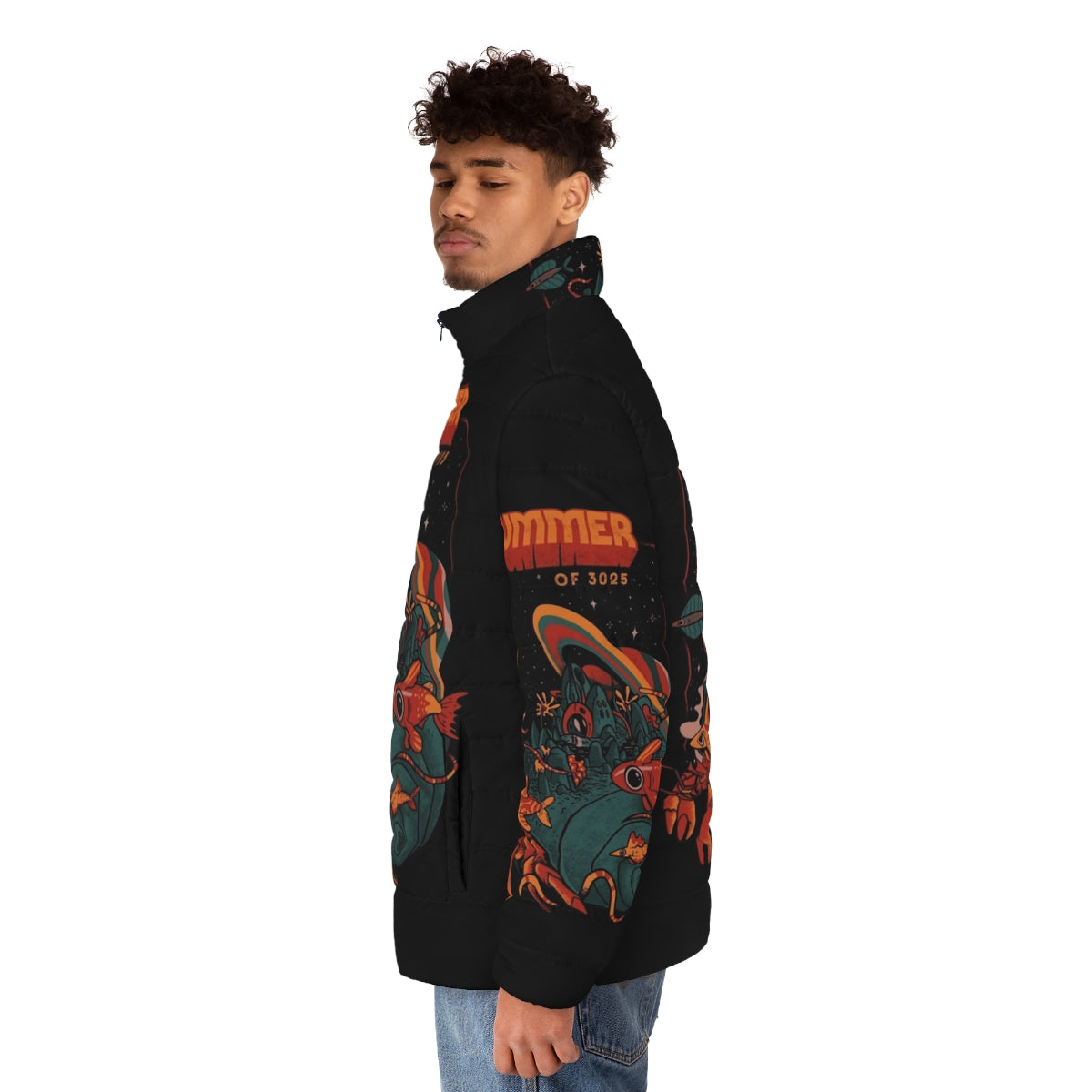 Retro futuristic puffer jacket with cosmic, intergalactic, and aquatic design elements - men side left