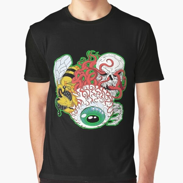 Terraria Eye of Cthulhu graphic t-shirt featuring a skull, skeleton, and bee design