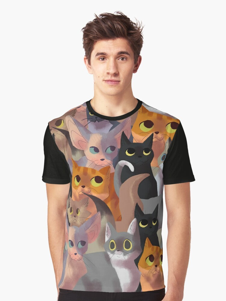 Graphic t-shirt featuring a cute and playful cat pattern design, ideal for cat lovers. - Men