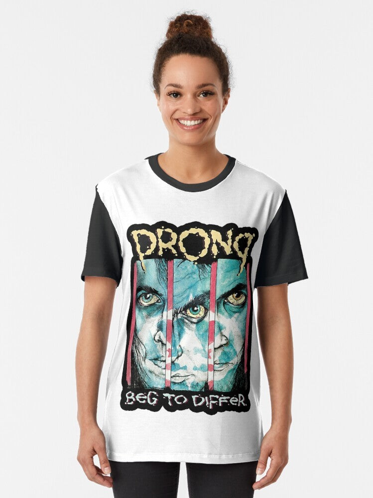 Prong Band Graphic T-Shirt featuring the iconic Prong logo and references to the band's heavy metal and industrial sound. - Women