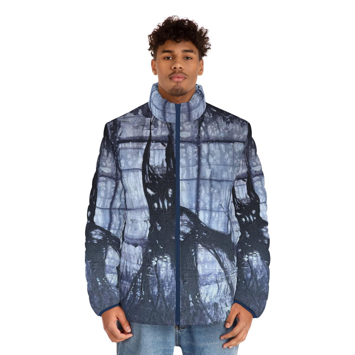 Demon Dog Puffer Jacket featuring a creepy, original cryptid design - men front