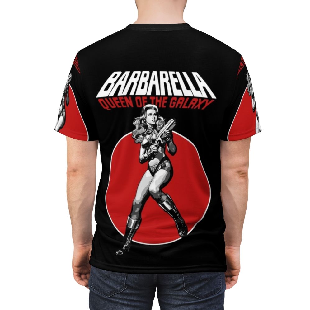 Retro science fiction-inspired t-shirt featuring Barbarella, the iconic character played by Jane Fonda in the 1960s cult classic film. - men back