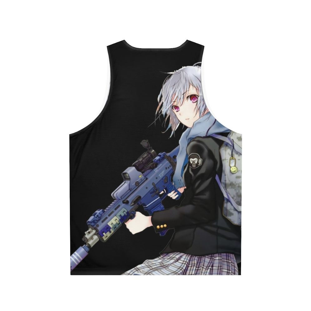 Unisex anime girl with gun graphic on tank top - Back