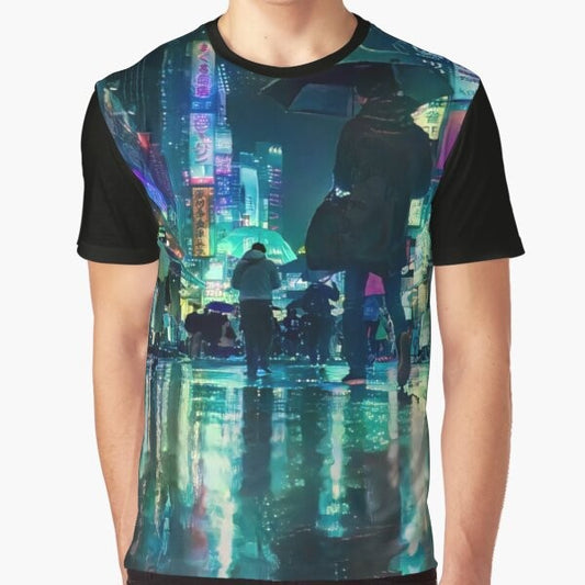 Rainy Tokyo at Night Cyberpunk Graphic T-Shirt featuring a neon-lit cityscape with skyscrapers and a futuristic, dystopian atmosphere.