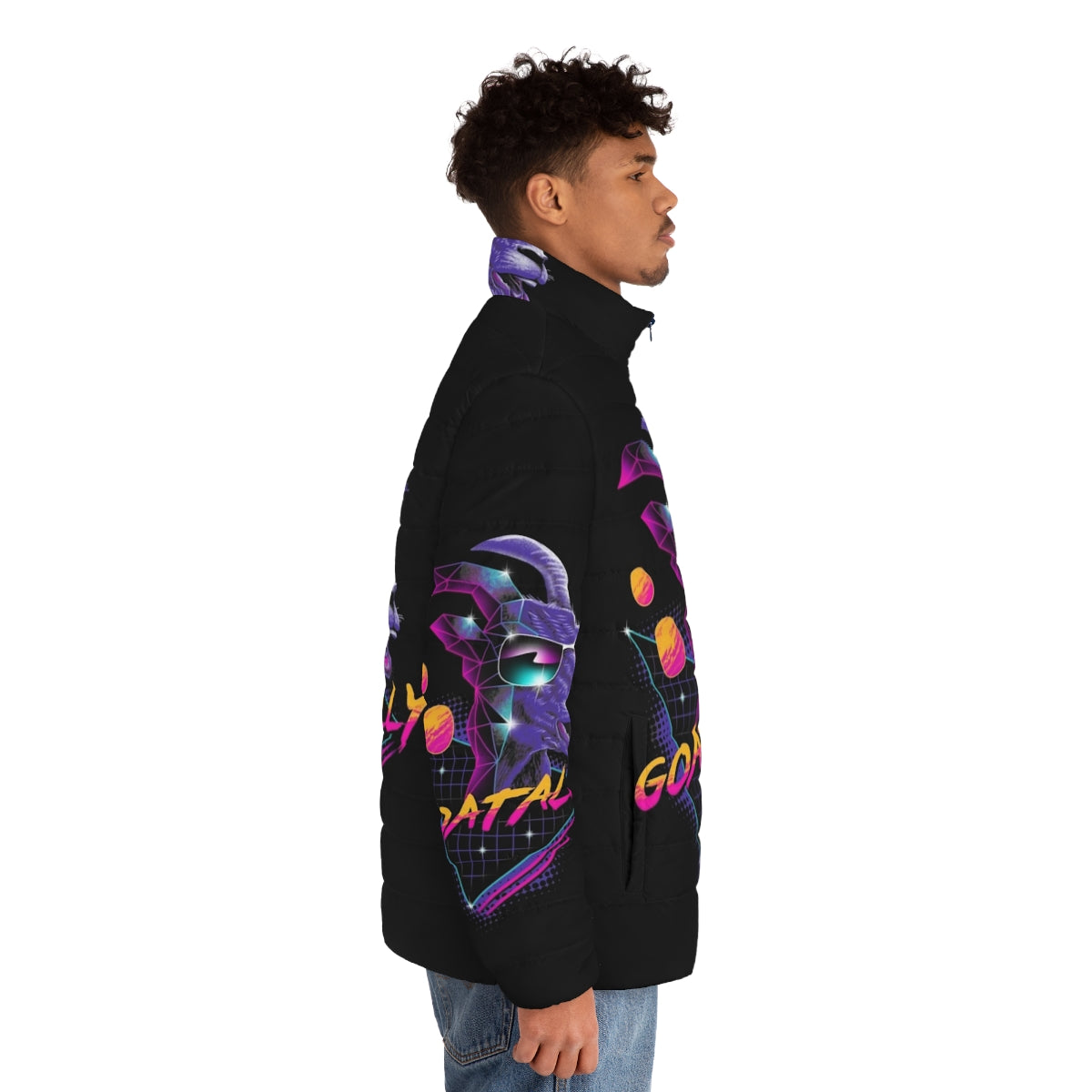 Goatally Puffer Jacket - A neon retro puffer jacket featuring a goat graphic for the ultimate synthwave style - men side right