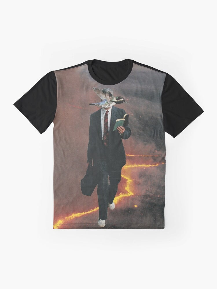 Surreal collage graphic t-shirt featuring a midlife crisis themed design - Flat lay