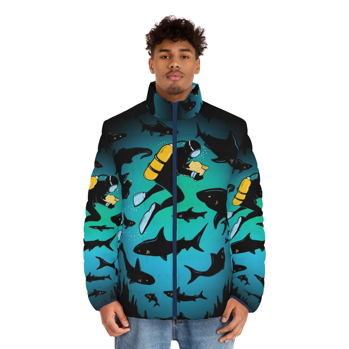 Puffer jacket with a screwed funny shark and diver illustration - men front