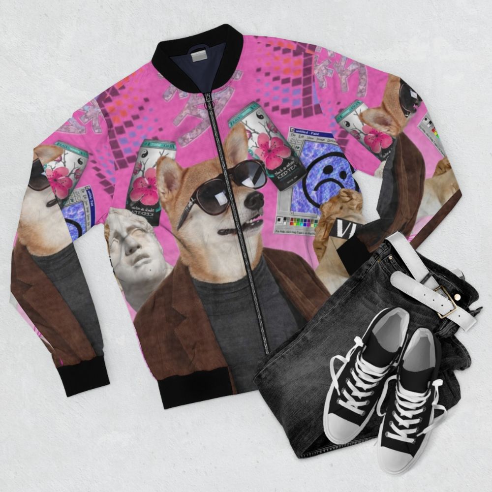 Vaporwave-inspired bomber jacket featuring a colorful, trippy dog design - Flat lay