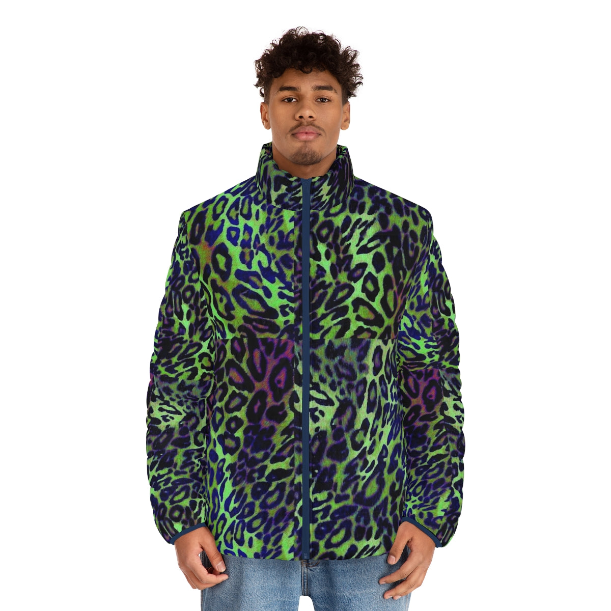 Colorful leopard skin pattern puffer jacket in shades of green and blue - men front