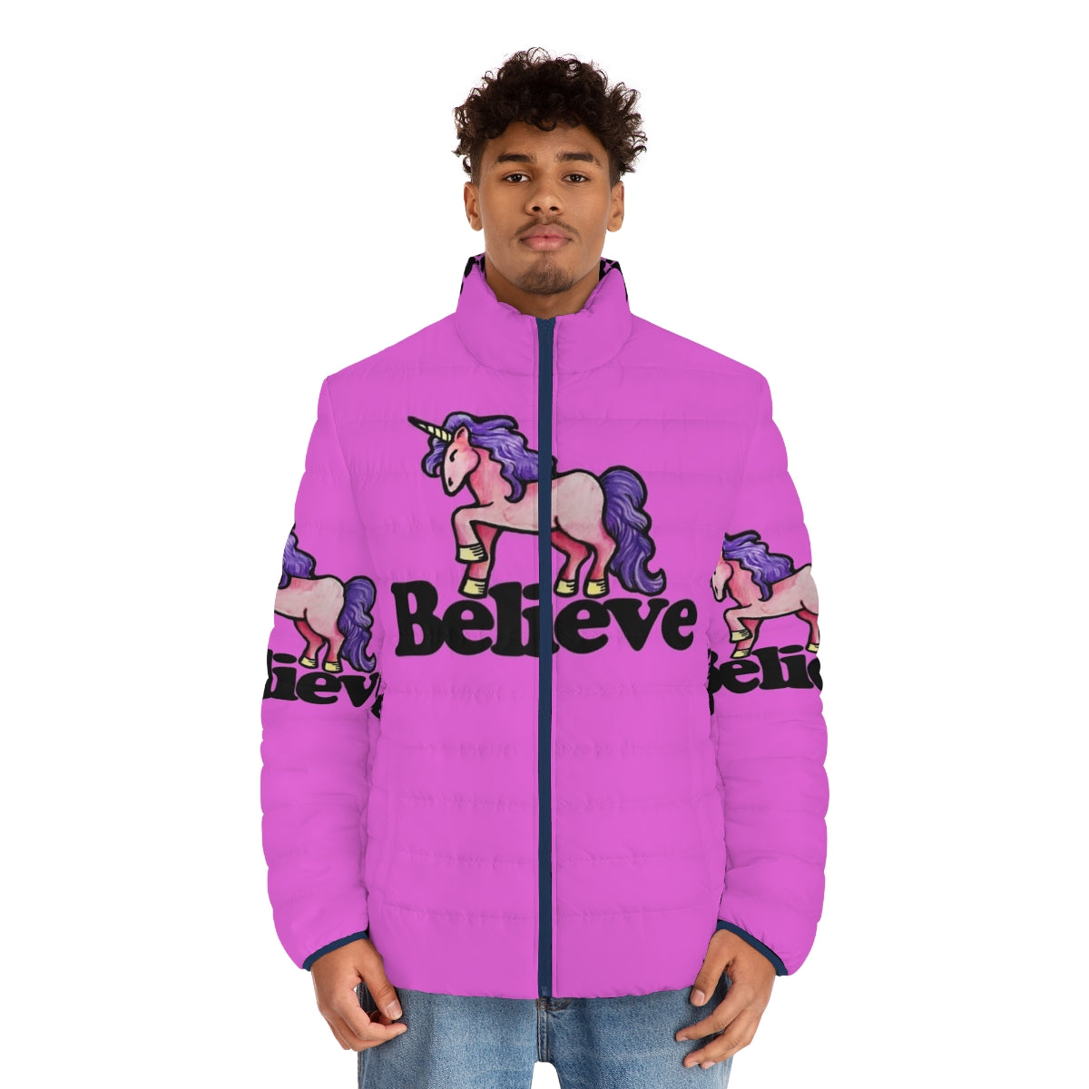 Believe In Unicorns Puffer Jacket with a cute unicorn design - men front