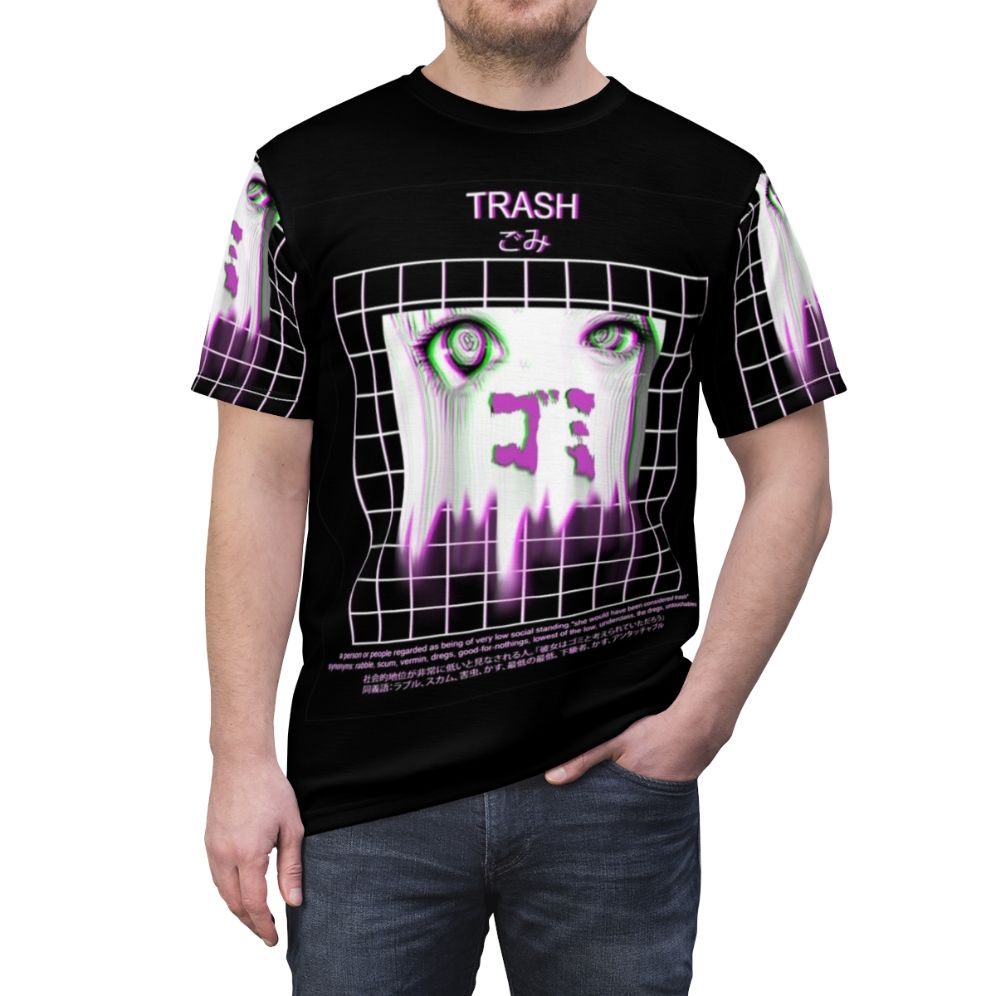 Anime-inspired t-shirt with a Japanese aesthetic and sad, grunge-inspired design - men front