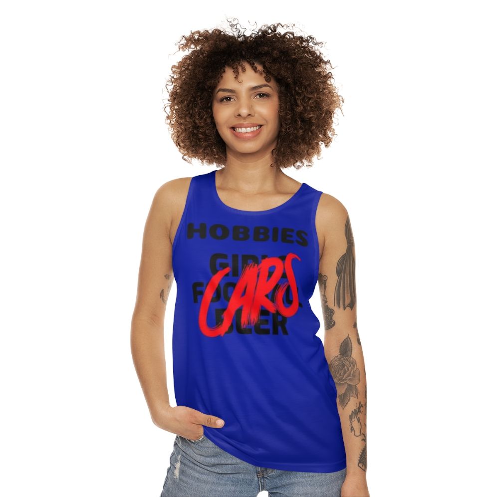 Unisex hobby tank top with car enthusiast and sports designs - women