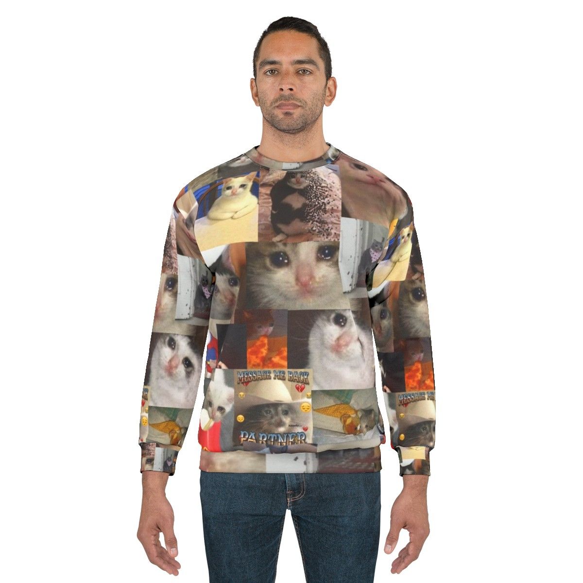 Crying cat meme printed on a cozy sweatshirt - men