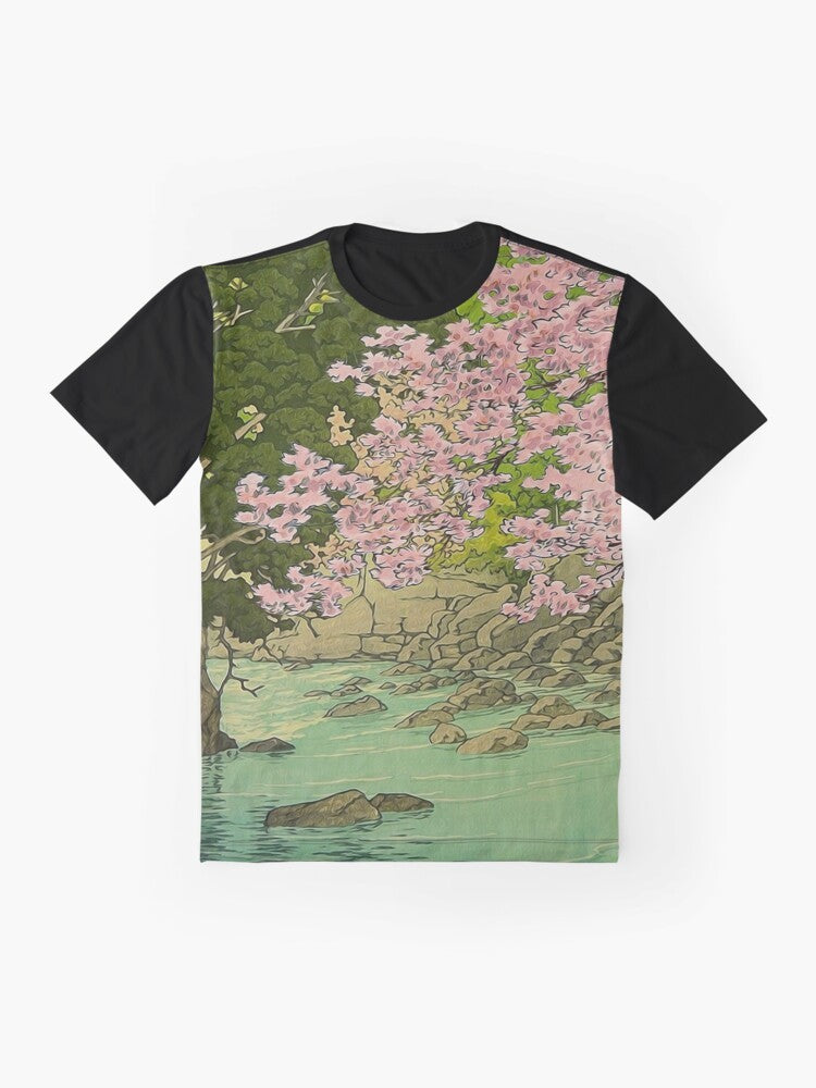 Vintage-inspired nature landscape graphic t-shirt featuring mountains, lake, and river in Japanese art style - Flat lay