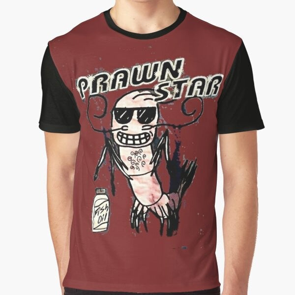 A graphic t-shirt featuring a playful pun design of a "prawn star" character.