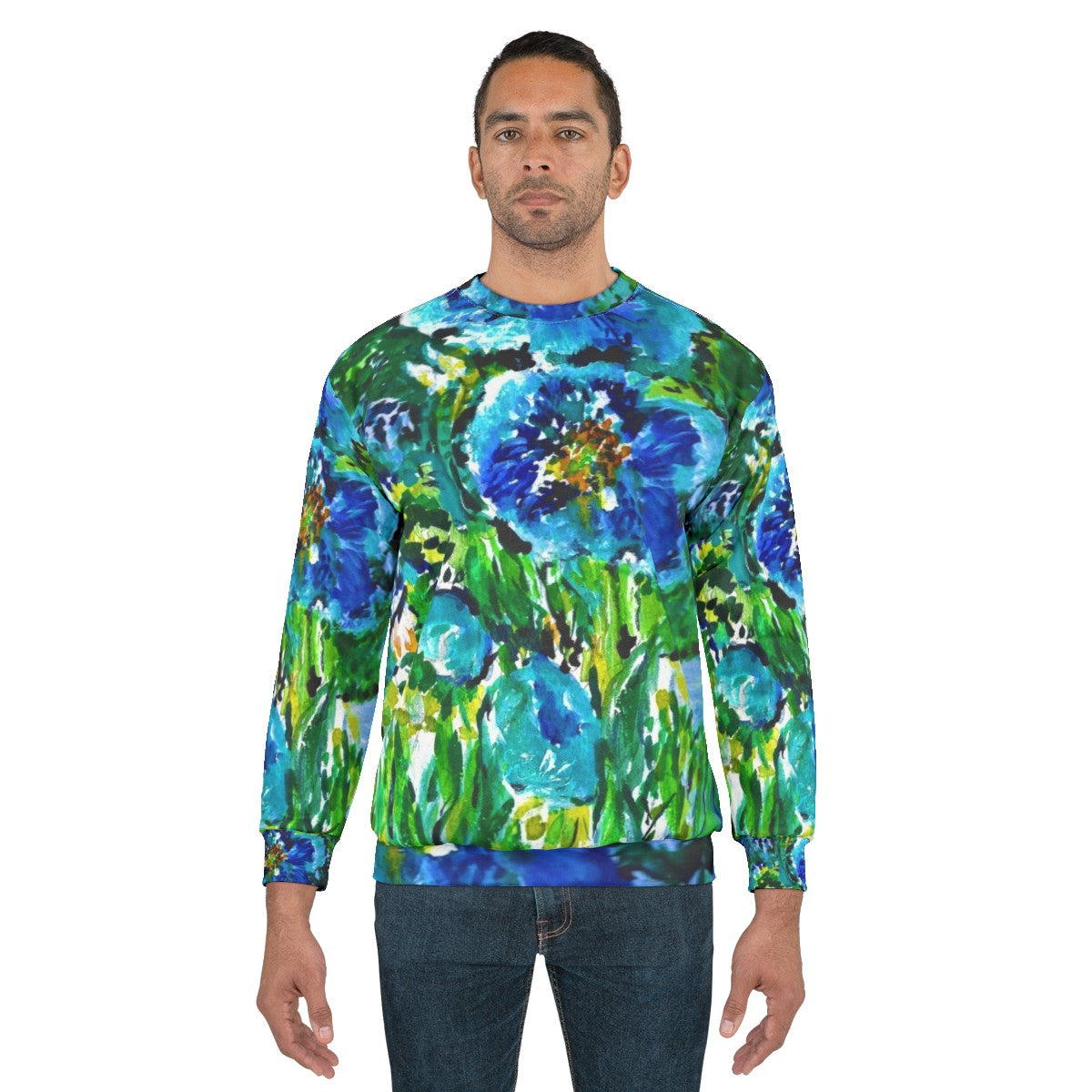 Blue poppies sweatshirt with religious art design - men