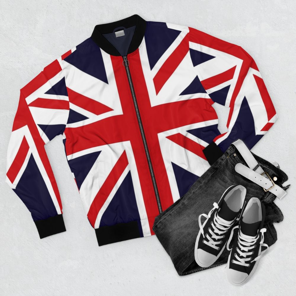 Union Jack British Punk Bomber Jacket with Rose Graphic - Flat lay