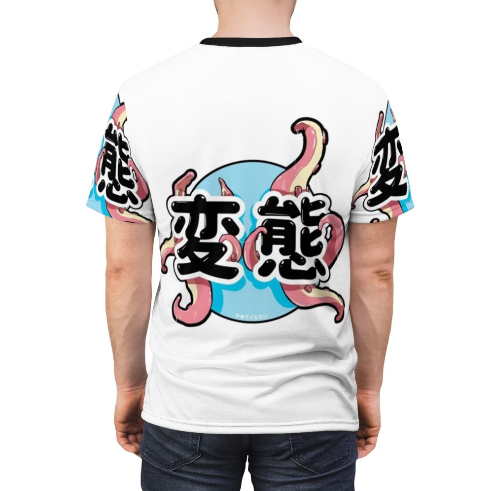 A graphic t-shirt featuring a vibrant digital illustration of tentacles, inspired by Japanese anime and manga art. - men back