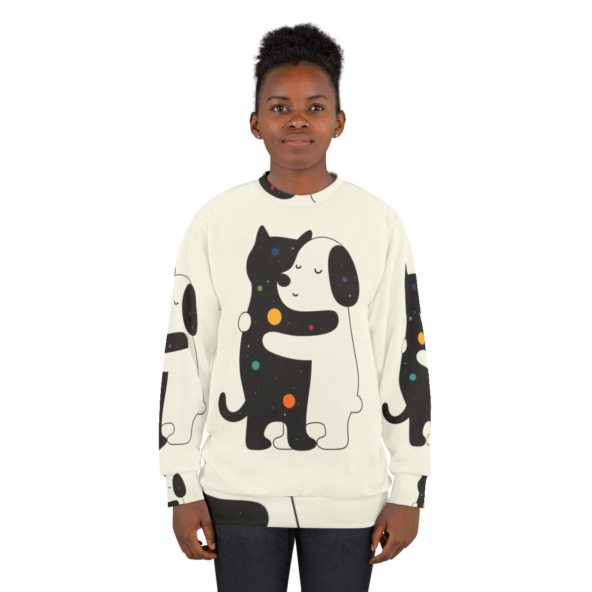 Cozy sweatshirt with colorful universal language design for animal lovers - women