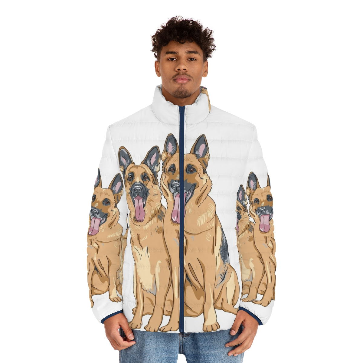 German Shepherd dog wearing a puffer jacket - men front