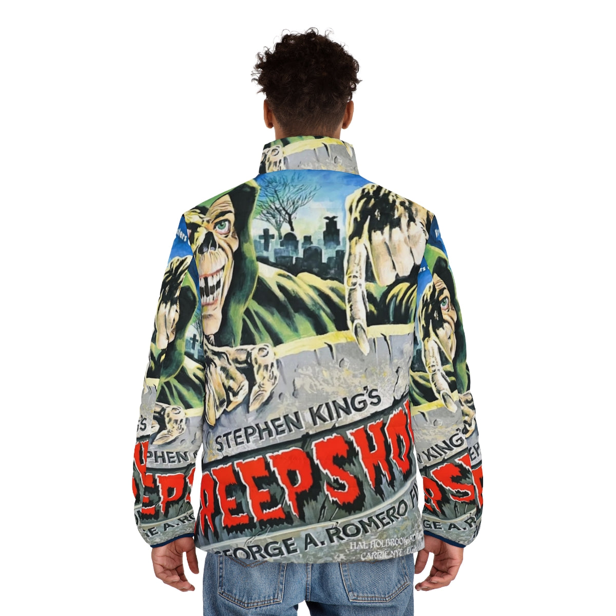 Creepshow horror movie puffer jacket featuring spooky graphics and inspired by Stephen King stories - men back