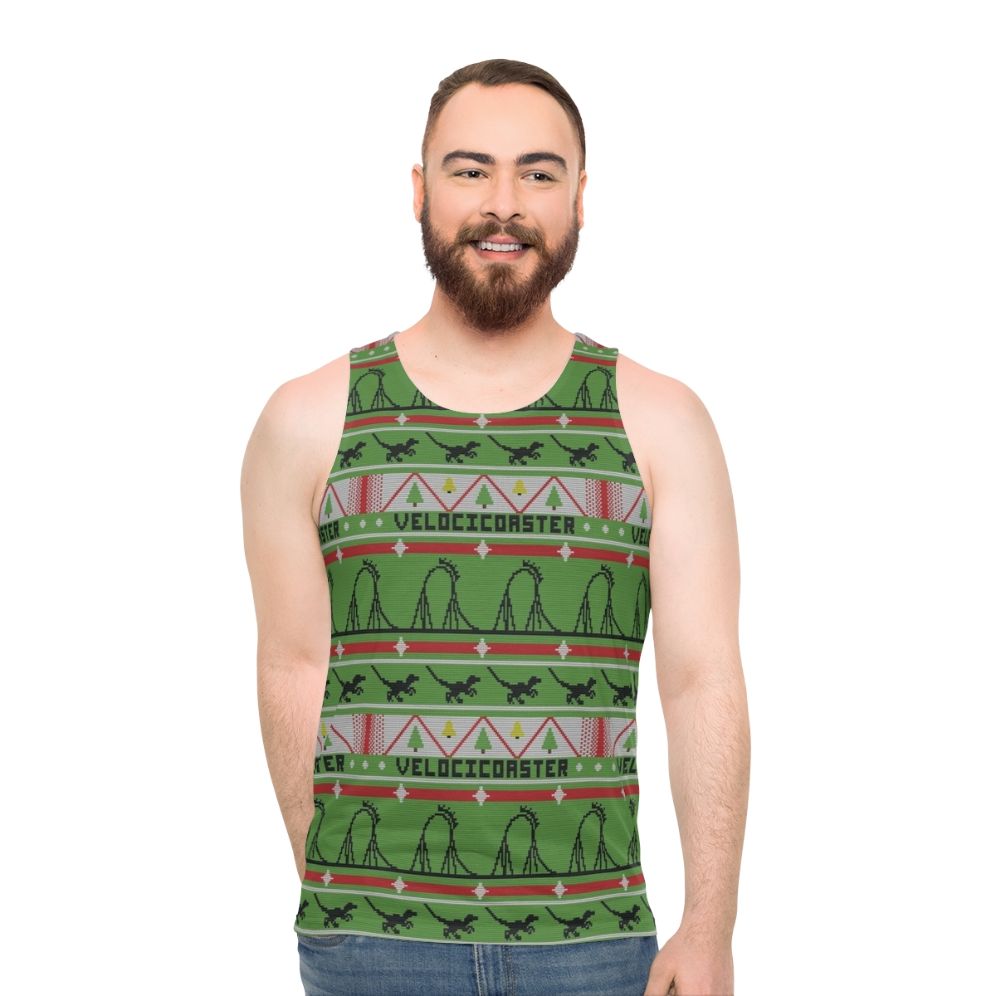 Velocicoaster Unisex Tank Top with Ugly Christmas Sweater Dinosaur Design - men