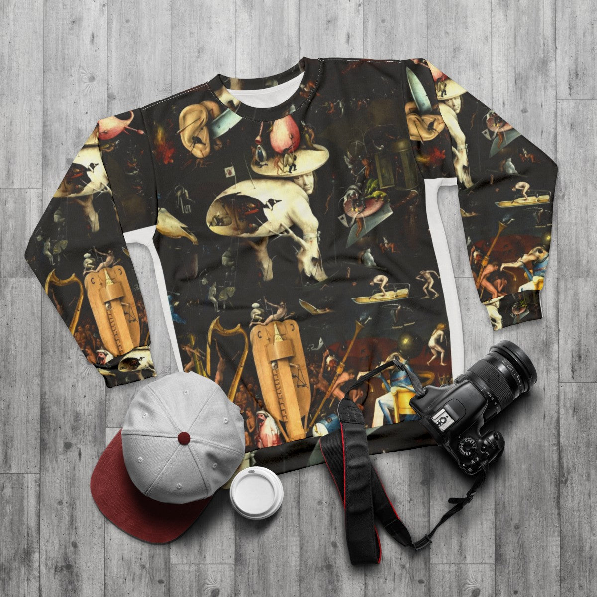 Hieronymus Bosch inspired "Hell" sweatshirt featuring surreal and dark fantasy elements - flat lay