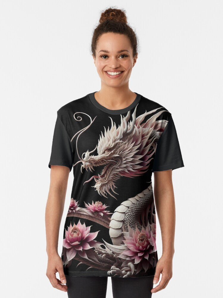 A graphic t-shirt featuring a mythical dragon surrounded by Japanese flowers like cherry blossoms and lotus. - Women