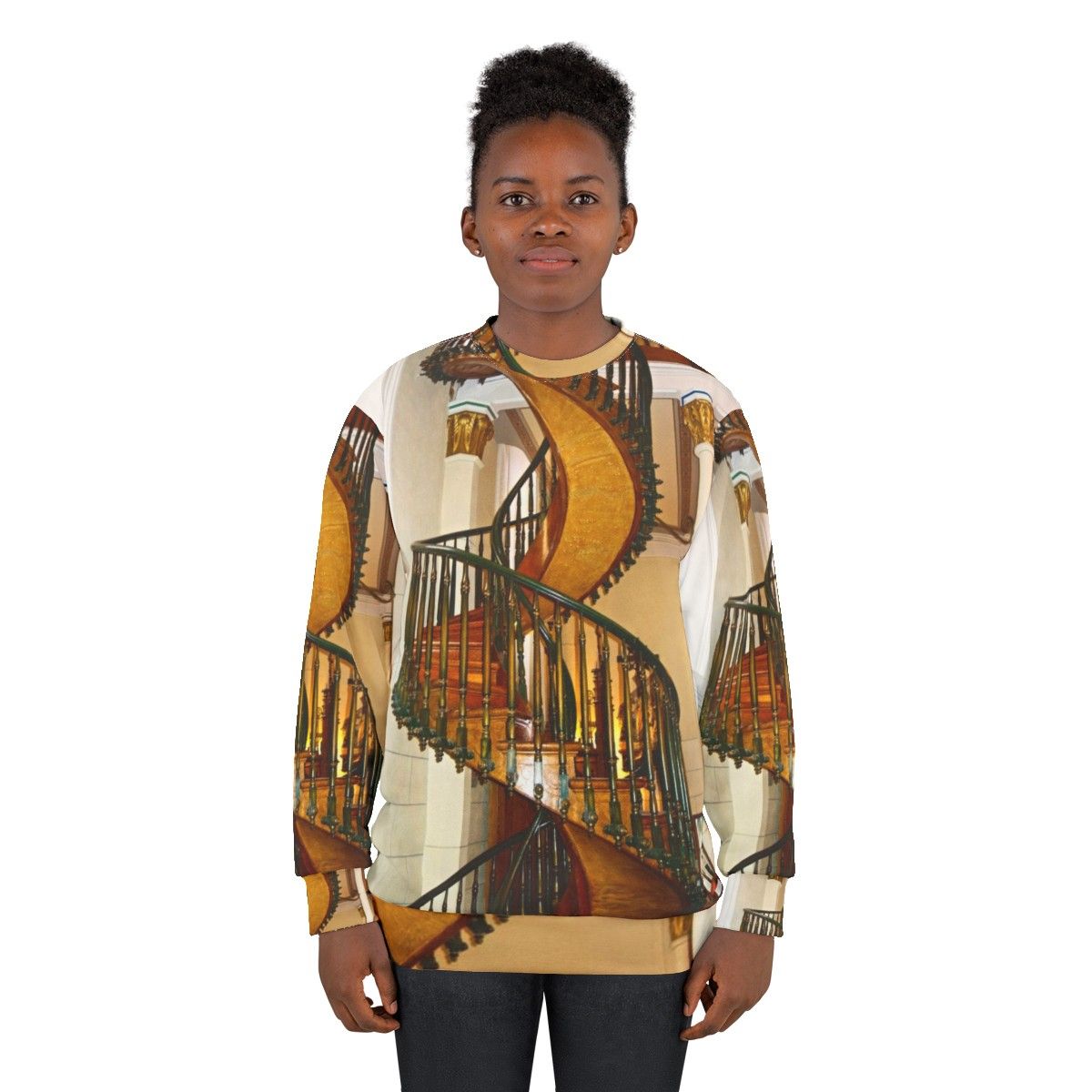 Loretto Chapel Staircase Sweatshirt featuring the iconic wooden spiral staircase in Santa Fe, New Mexico - women