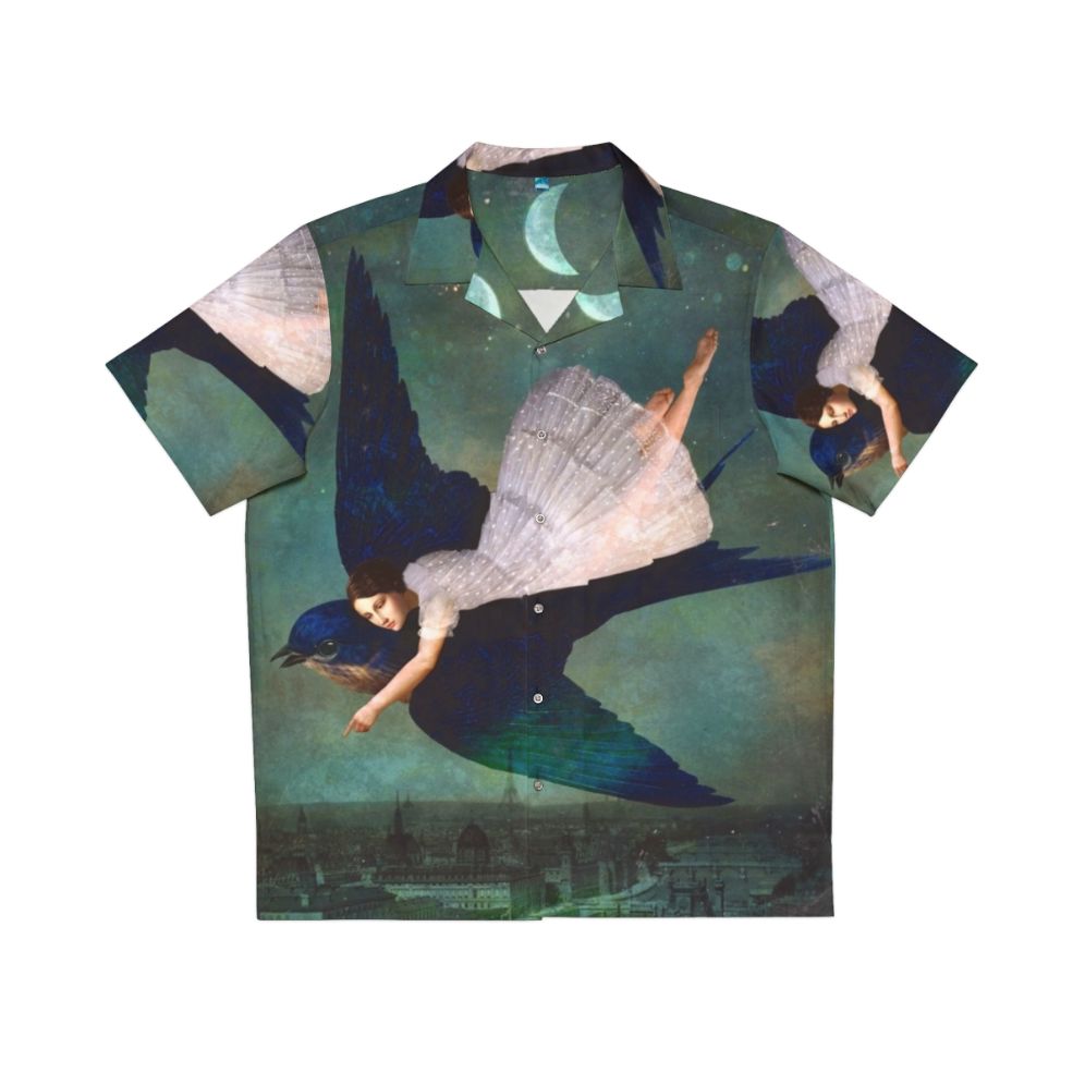 Enchanting Paris Nights Hawaiian Shirt with Moon, Stars, and Birds