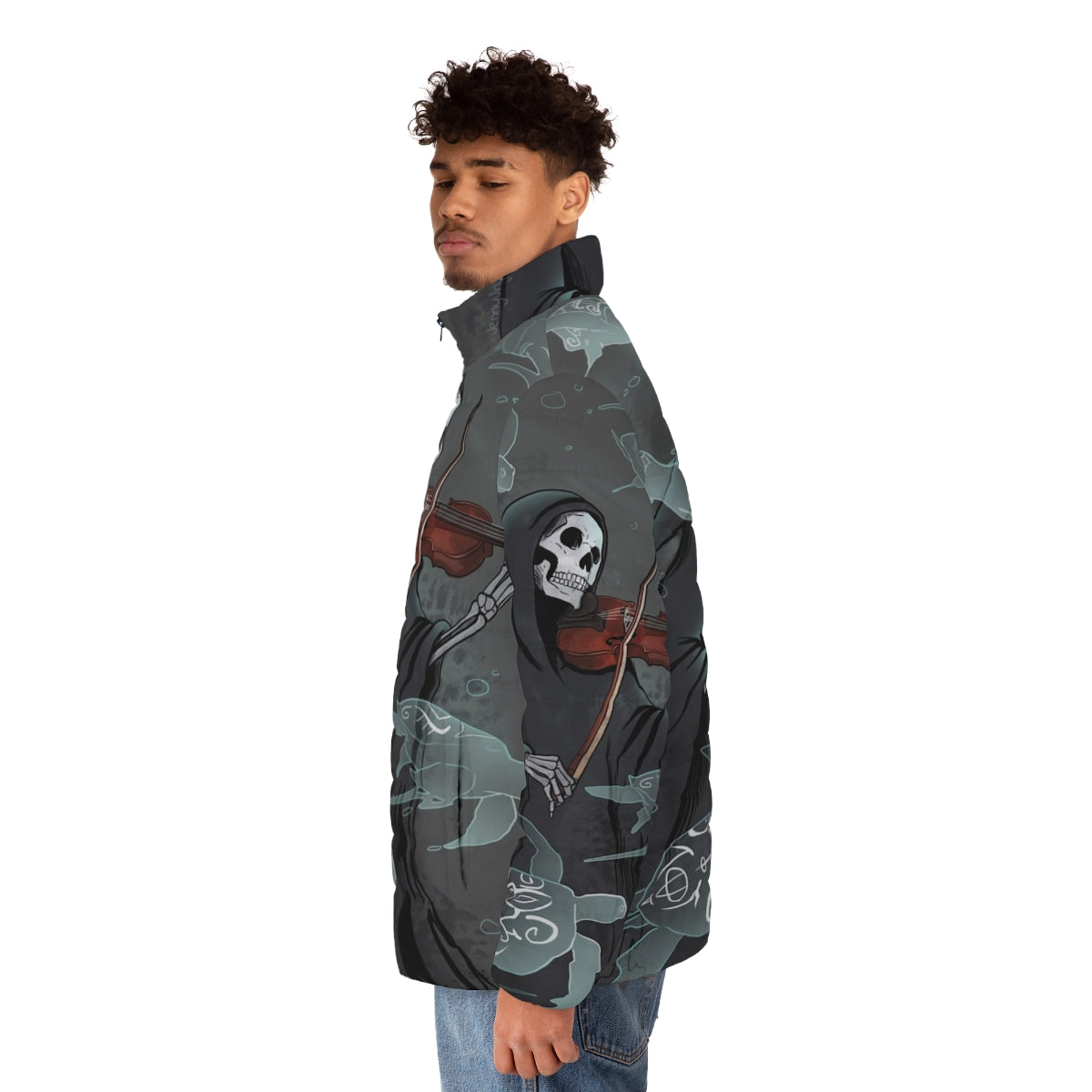 A dark and moody puffer jacket with a symphony and grim reaper design - men side left